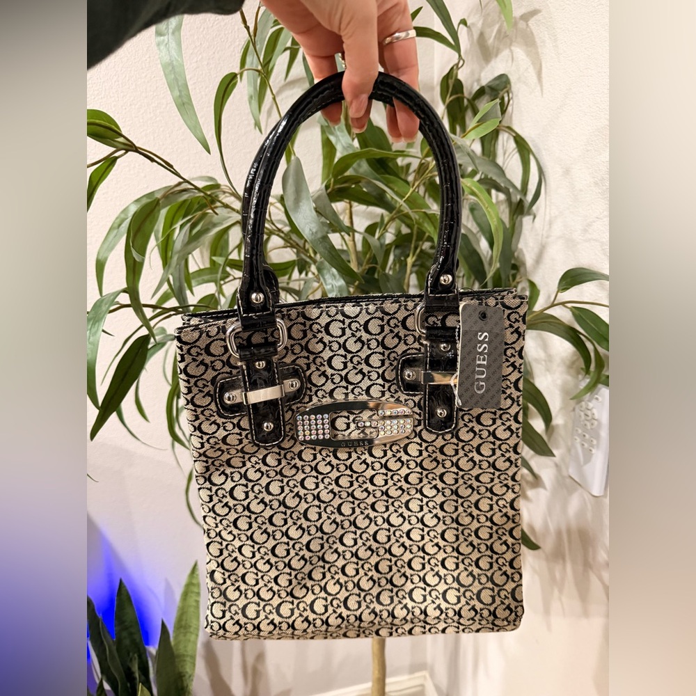 Vintage Y2k Guess Rhinestone G Logo Mini Tote Monogram Canvas Patent Handles NWT